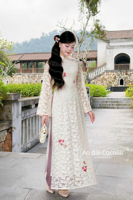 H619 Áo only no pants - Áo dài ren trắng thêu 4 tà