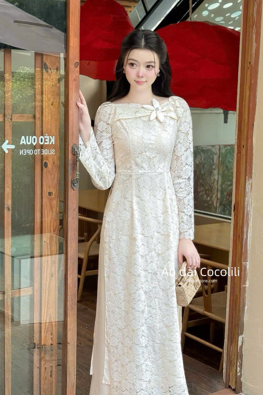 H617 Áo only no pants - Áo dài ren trắng 4 tà