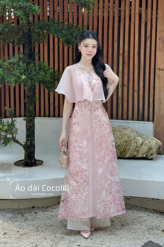 H616 Áo only no pants - Áo dài cách tân kèm choàng màu hồng phấn