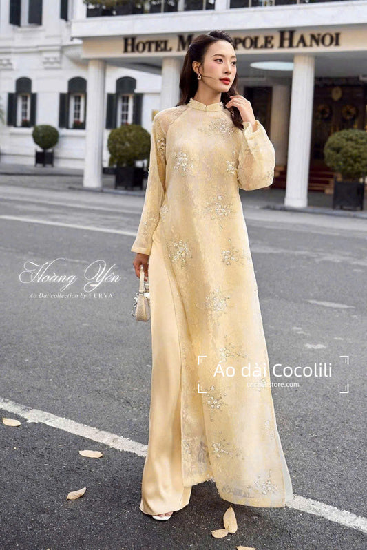 H615 Áo only no pants - Áo dài tơ kimsa 4 tà màu vàng Hoàng Yến