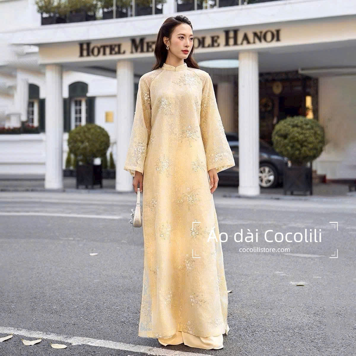 H615 3692 Áo only no pants - Áo dài tơ kimsa 4 tà màu vàng Hoàng Yến