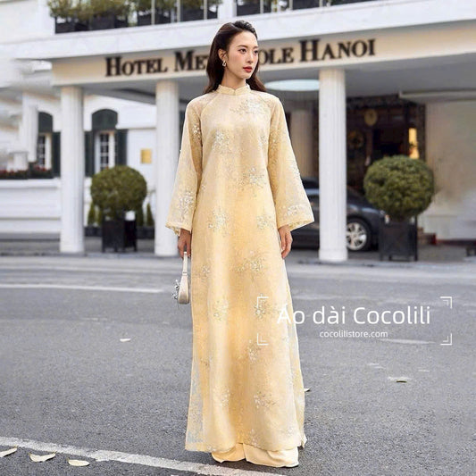 H615 4395 Áo only no pants - Áo dài tơ kimsa 4 tà màu vàng Hoàng Yến