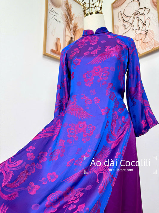 M421 Áo only - Áo dài dáng suông lụa tằm long phượng chuyển sắc dài 130cm