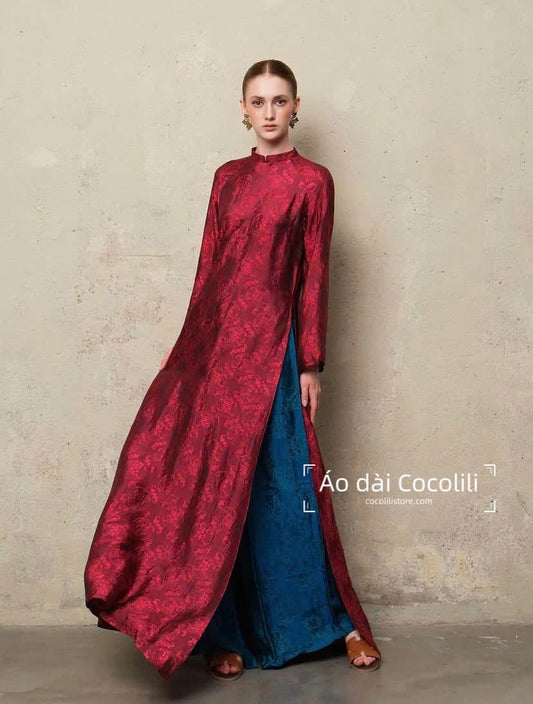 HD72 Áo + quần nha xá - Áo dài dáng suông 2 tà lụa nha xá màu đỏ đậm