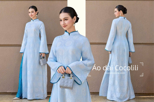 HD71 Áo + quần nha xá - Áo dài dáng suông 2 tà lụa nha xá hoa thuỷ tiên màu xanh da trời