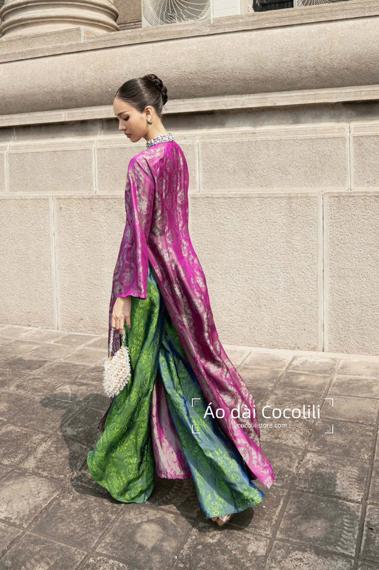 HD70 Áo + quần nha xá - Áo dài dáng suông 2 tà lụa nha xá màu hồng tím