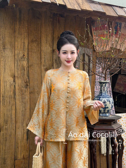 BB73 3601 - Set bà ba lụa tằm ánh kim tencel thọ dơi màu cam nhạt