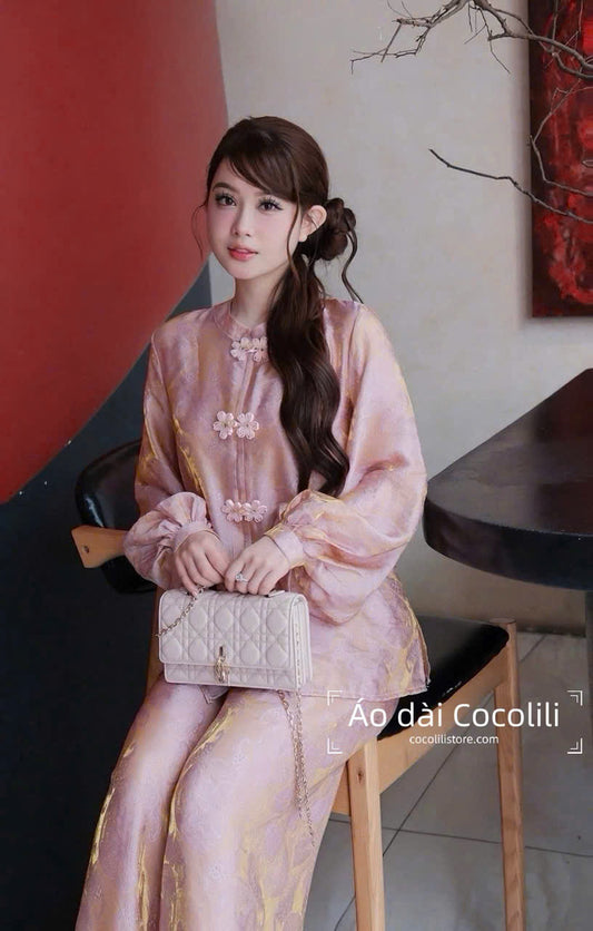 BB81 3267 - Set bà ba lụa tằm ánh kim tencel màu hồng tay bồng