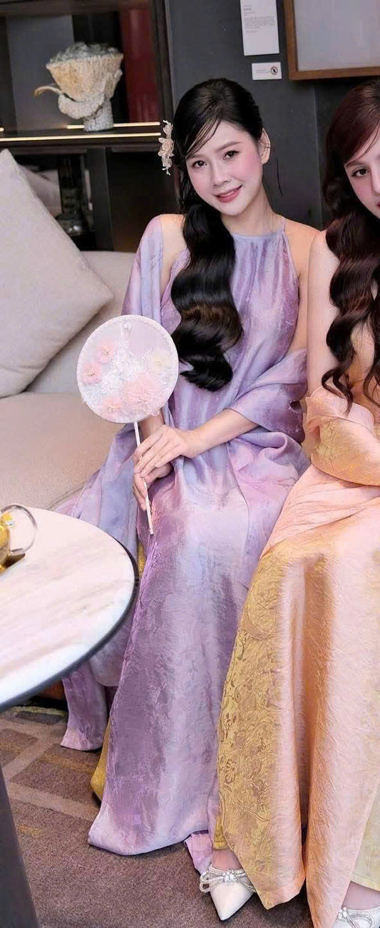 Y100 Set yếm + quần + khăn lụa tằm tencel ánh kim