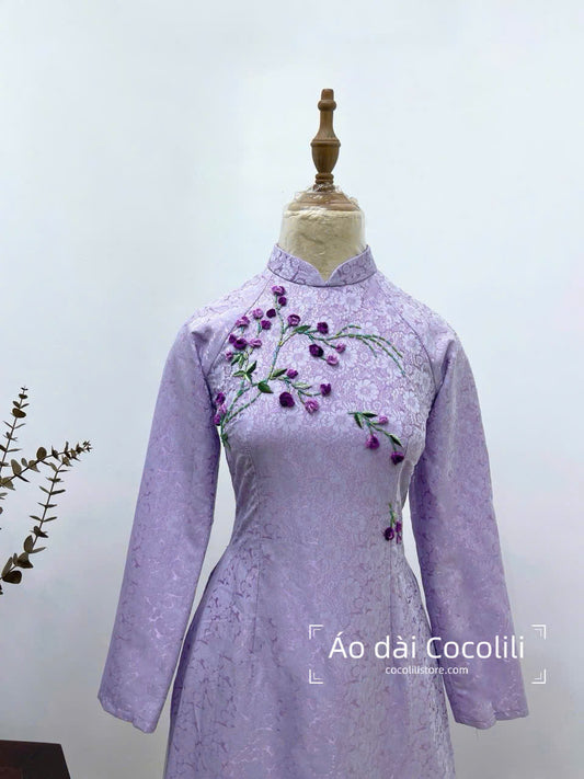 H5261 3315 Áo only no pants - Áo dài lụa hoa cúc thêu 4 tà lót chiffon màu tím