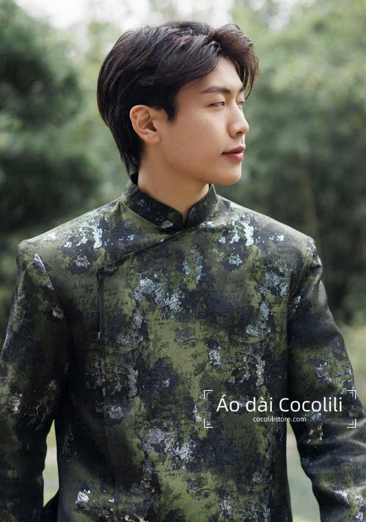 B156 3317 - Áo dài nam gấm cao cấp màu xanh