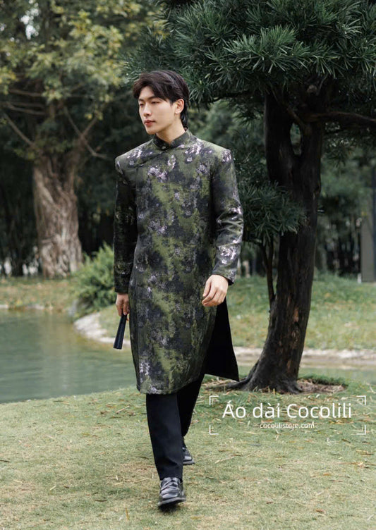 B156 3317 - Áo dài nam gấm cao cấp màu xanh