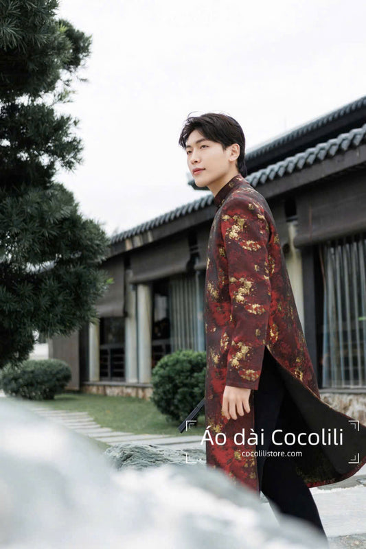 B157 3318 - Áo dài nam gấm cao cấp màu đỏ