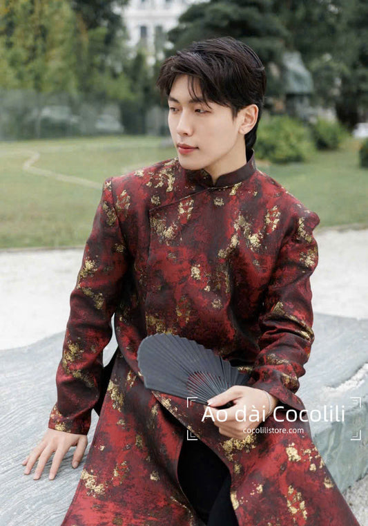 B157 3318 - Áo dài nam gấm cao cấp màu đỏ