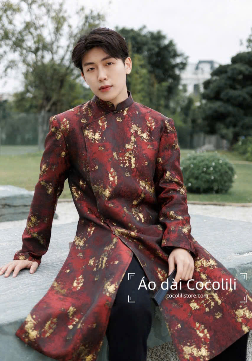 B157 3318 - Áo dài nam gấm cao cấp màu đỏ