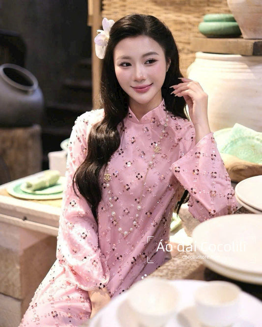 H525 Áo + quần - Áo dài kimsa màu hồng