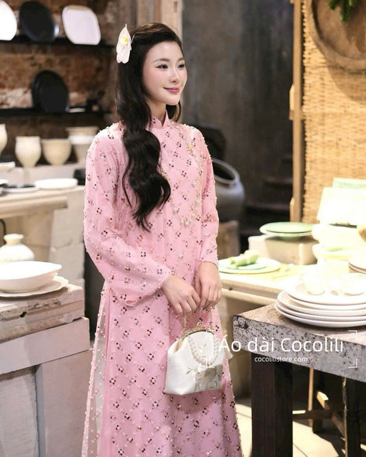 H525 3320 Áo + quần - Áo dài kimsa màu hồng