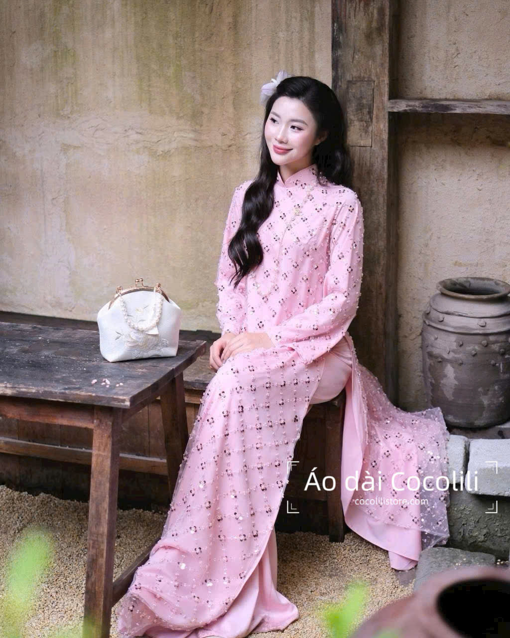 H525 3320 Áo + quần - Áo dài kimsa màu hồng