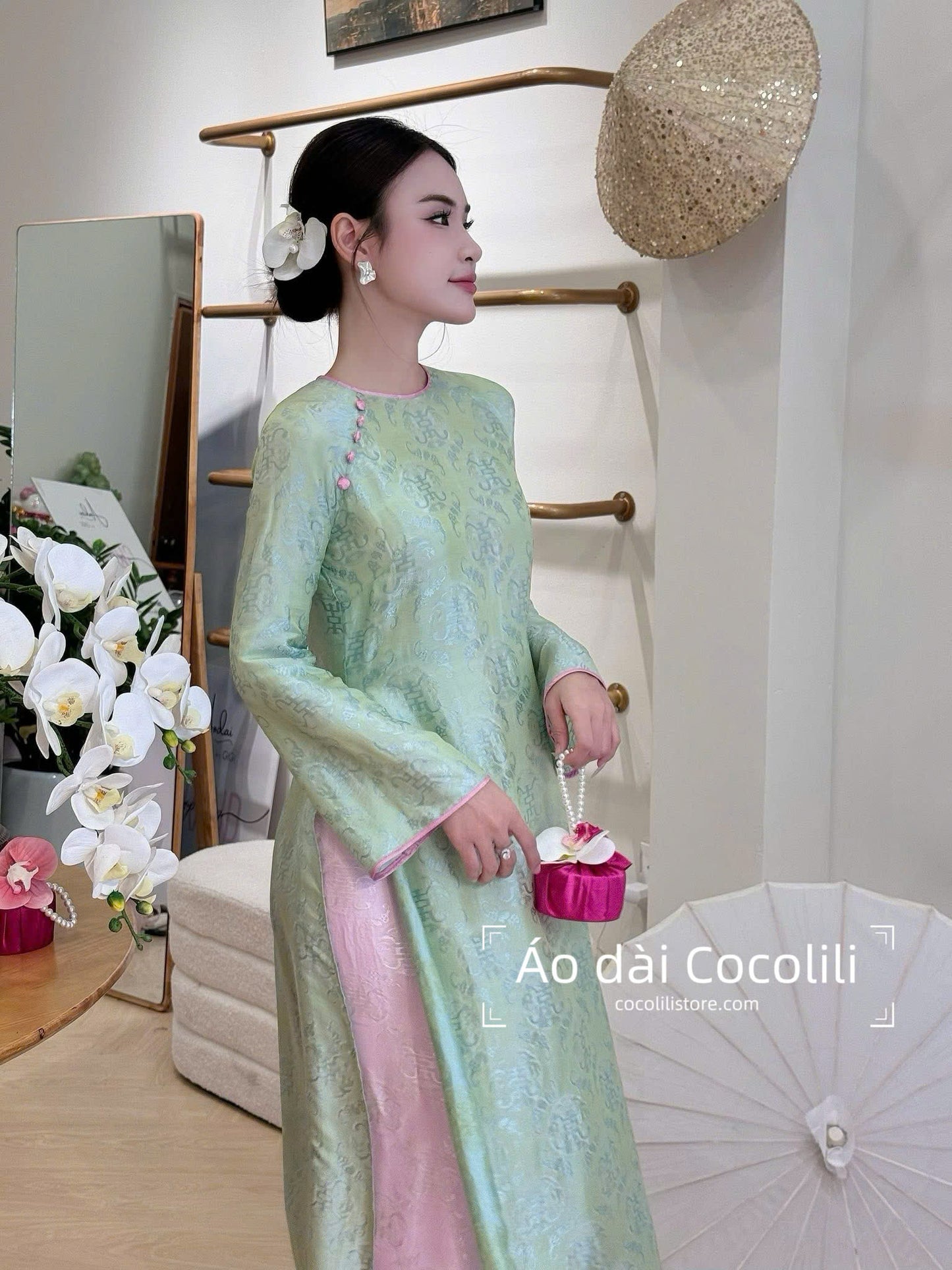 HD75 3577 Áo + quần nha xá - Áo dài dáng suông 2 tà lụa nha xá