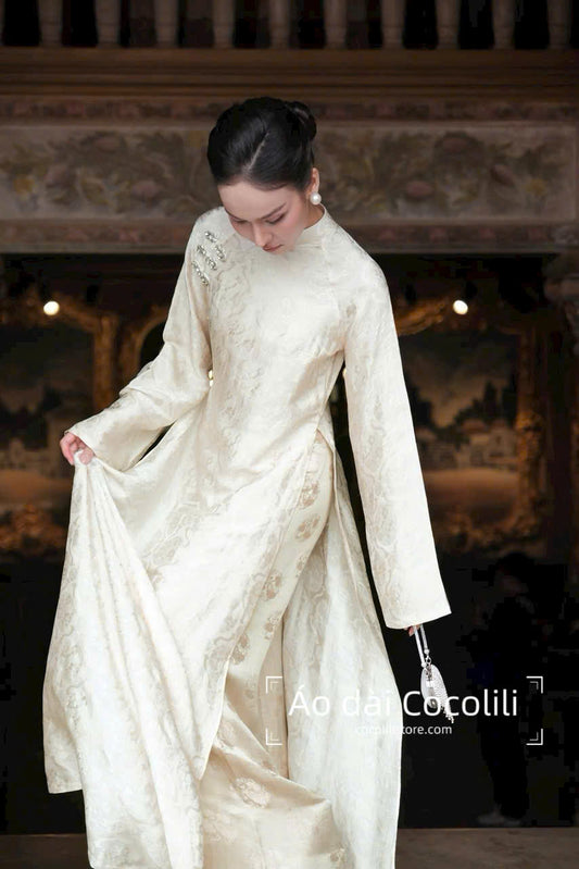 HD82 Áo + quần nha xá - Áo dài dáng suông 2 tà lụa nha xá màu trắng