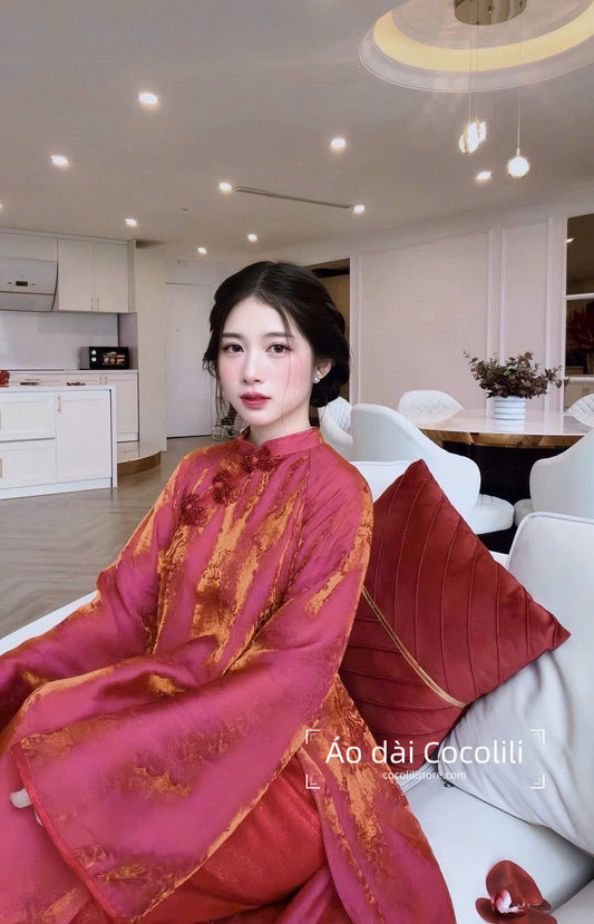 H626 Áo only no pants - Áo dài dáng suông 2 tà tằm tencel ánh kim màu hồng sen