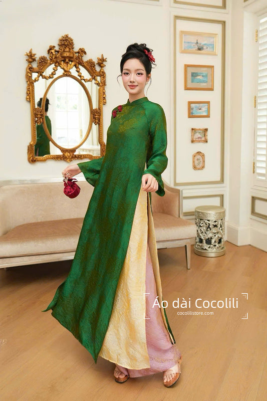 H629 Áo only no pants - Áo dài dáng suông 4 tà tằm tencel ánh kim màu xanh lá