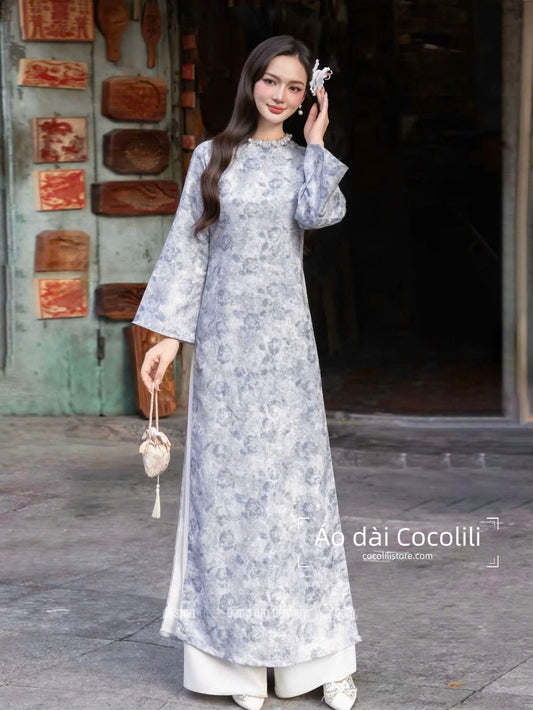 H627 Áo only no pants - Áo dài dáng suông lụa gấm màu xanh đính cổ