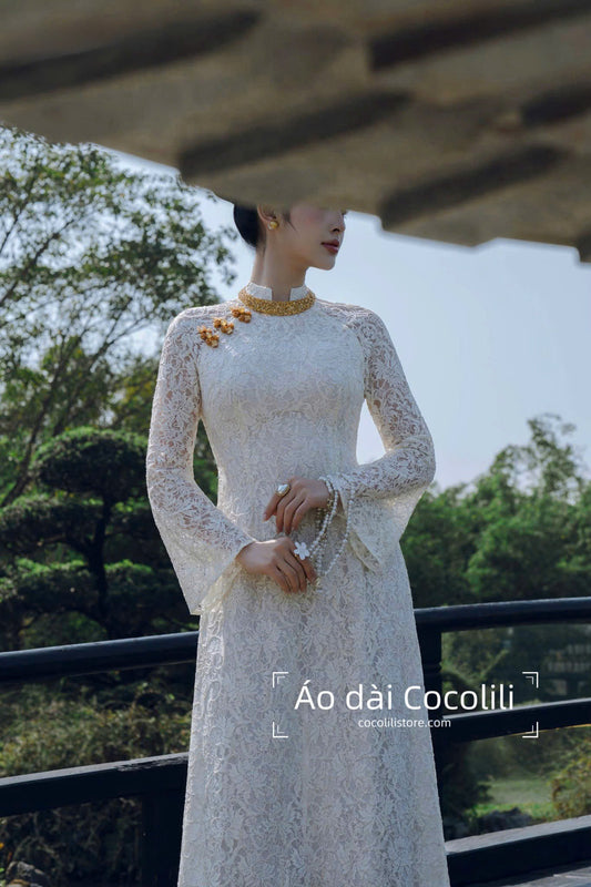 R21 Áo + quần nhũ - Áo dài ren trắng cao cấp