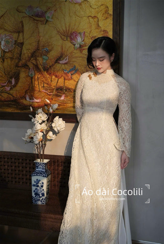 R21 3333 Áo + quần nhũ - Áo dài ren trắng cao cấp