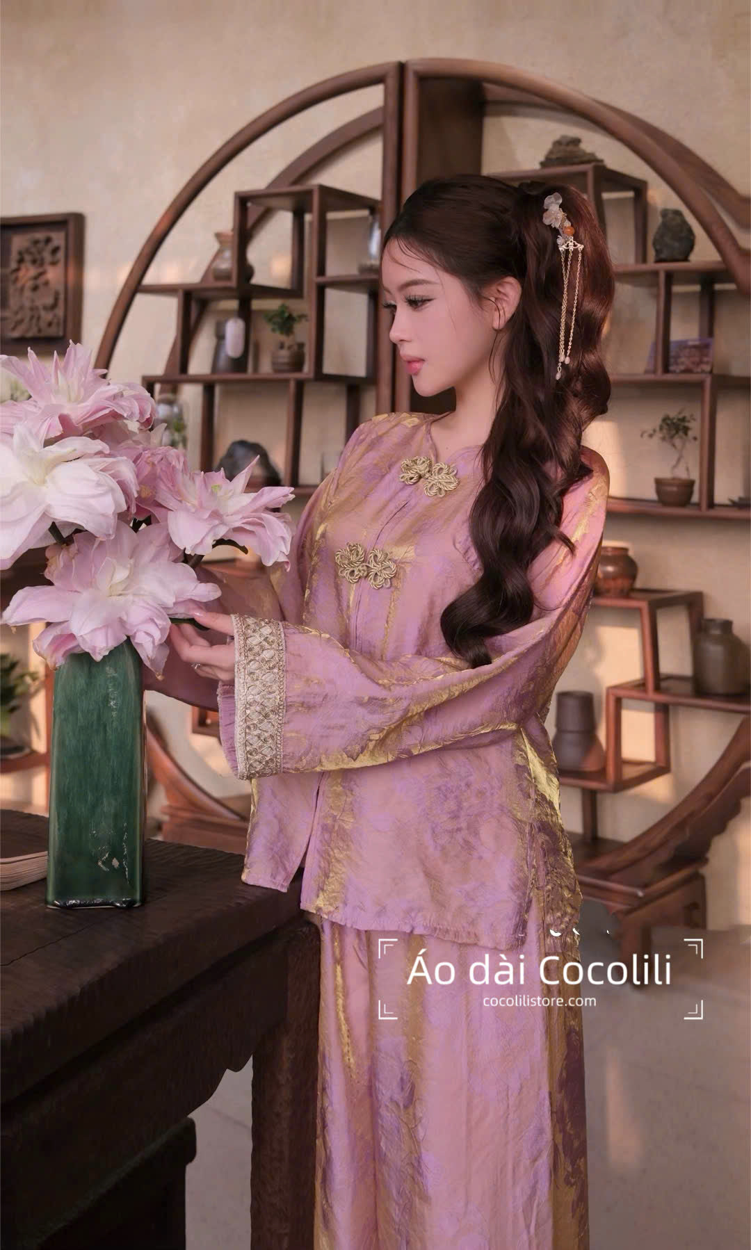 BB90 3335 - Set bà ba tằm tencel màu hồng phối tay