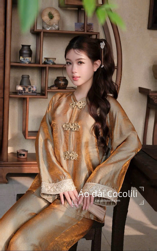 BB92 3337 - Set bà ba tằm tencel màu nâu vàng phối tay