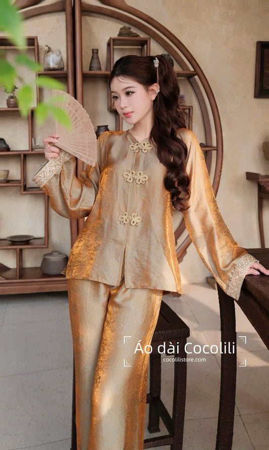 BB92 3337 - Set bà ba tằm tencel màu nâu vàng phối tay