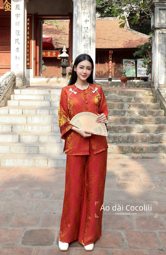 BB98 3357 - Set bà ba tằm tencel thọ dơi màu cam đậm