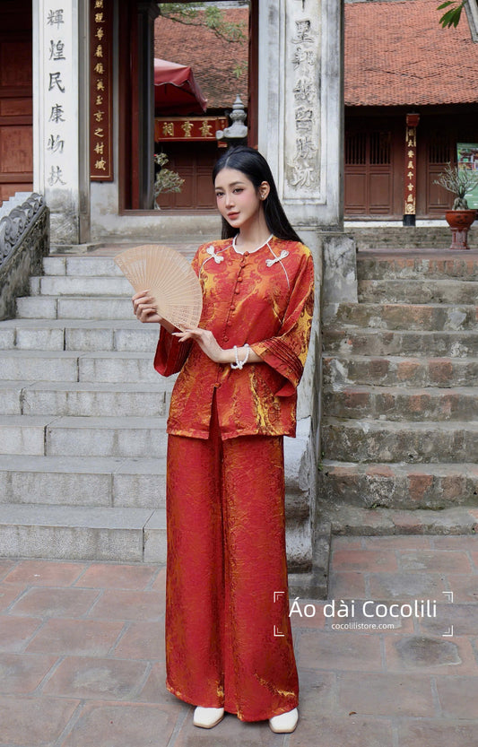 BB98 3357 - Set bà ba tằm tencel thọ dơi màu cam đậm