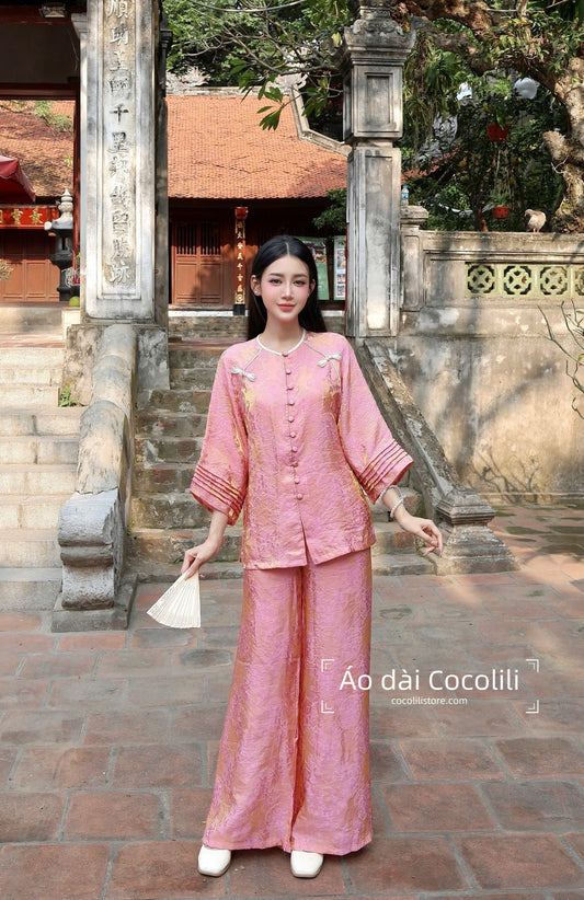 BB100 4032 - Set bà ba tằm tencel thọ dơi màu hồng