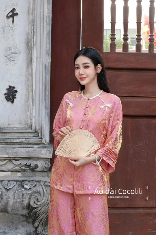 BB100 4032 - Set bà ba tằm tencel thọ dơi màu hồng