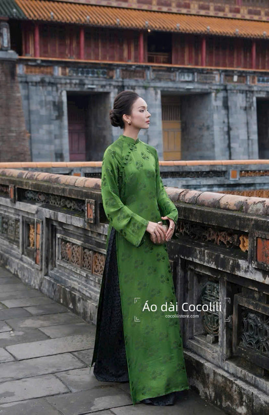 HD95 Áo only no pants - Áo dài dáng suông 2 tà lụa nha xá màu xanh lá