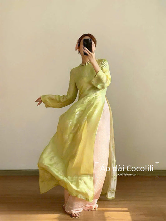 HD96 Áo + quần nha xá - Áo dài dáng suông 2 tà lụa nha xá màu xanh cốm