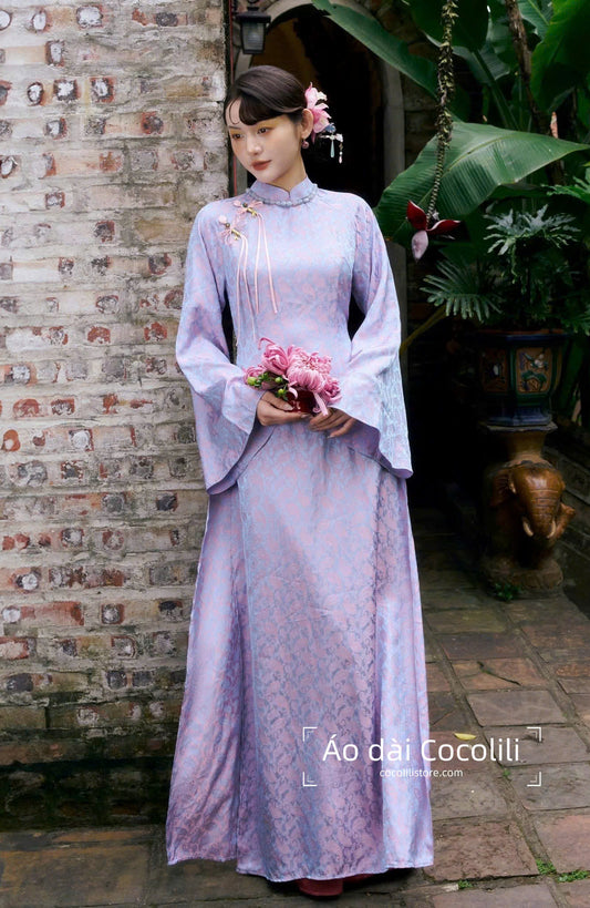 H6321 4236 Áo only no pants - Áo dài dáng suông 2 tà gấm lông công tím cà đính khuy (không viền cổ áo)
