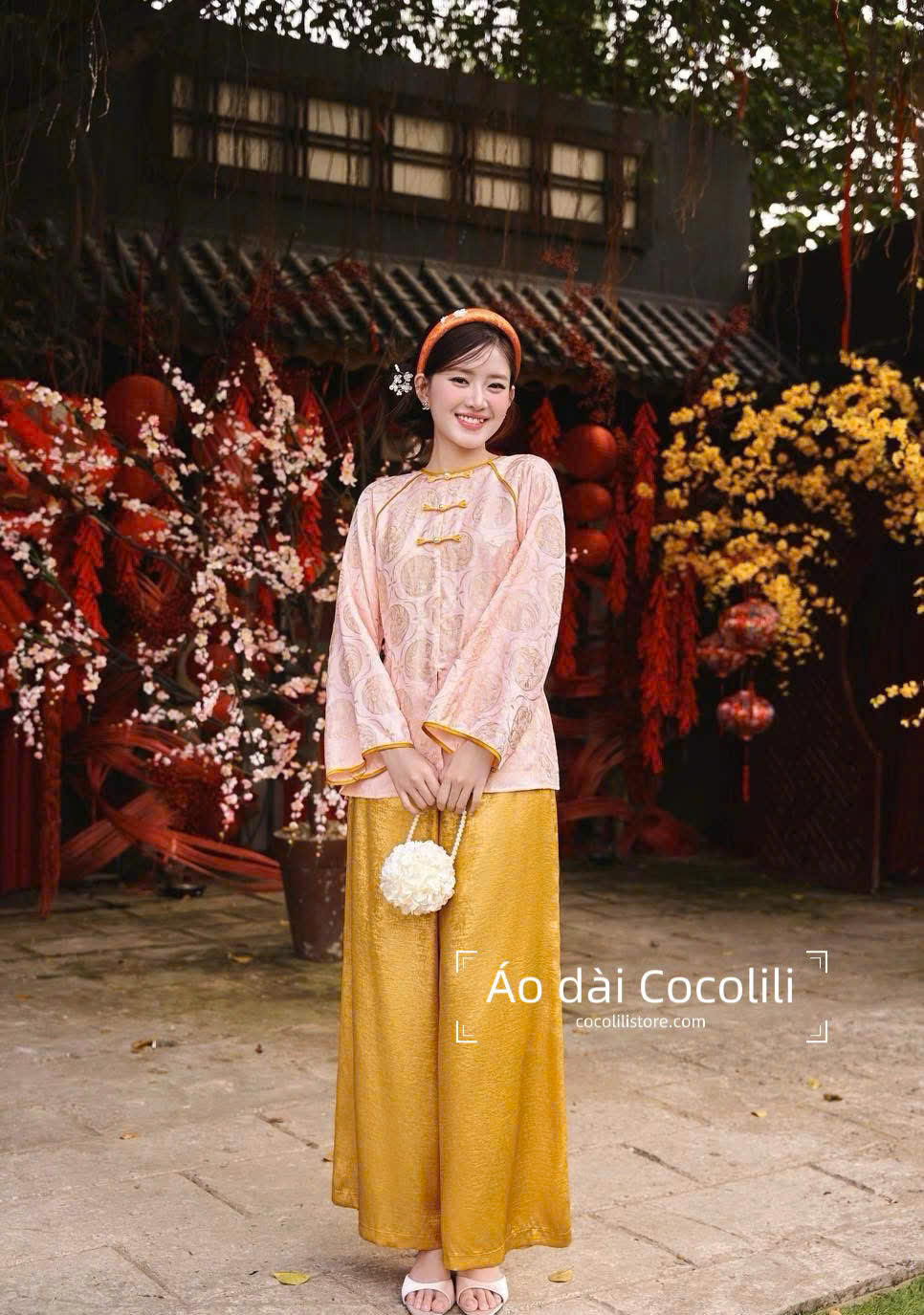 BB96 3390 - Set bà ba tằm tencel hoa thuỷ tiên + quần nhũ vàng
