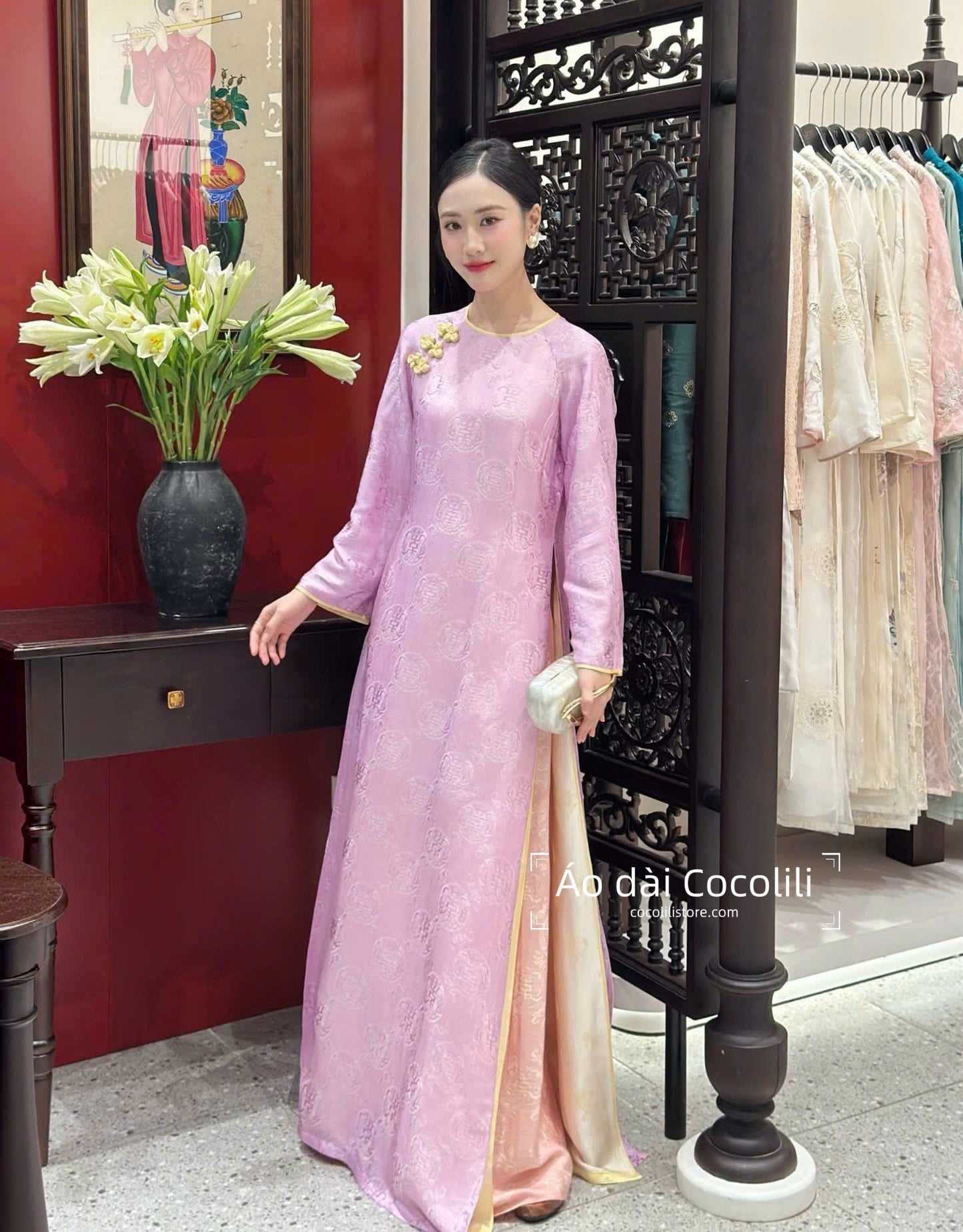 HD154 Áo + quần nha xá - Áo dài dáng suông 4 tà lụa nha xá màu hồng