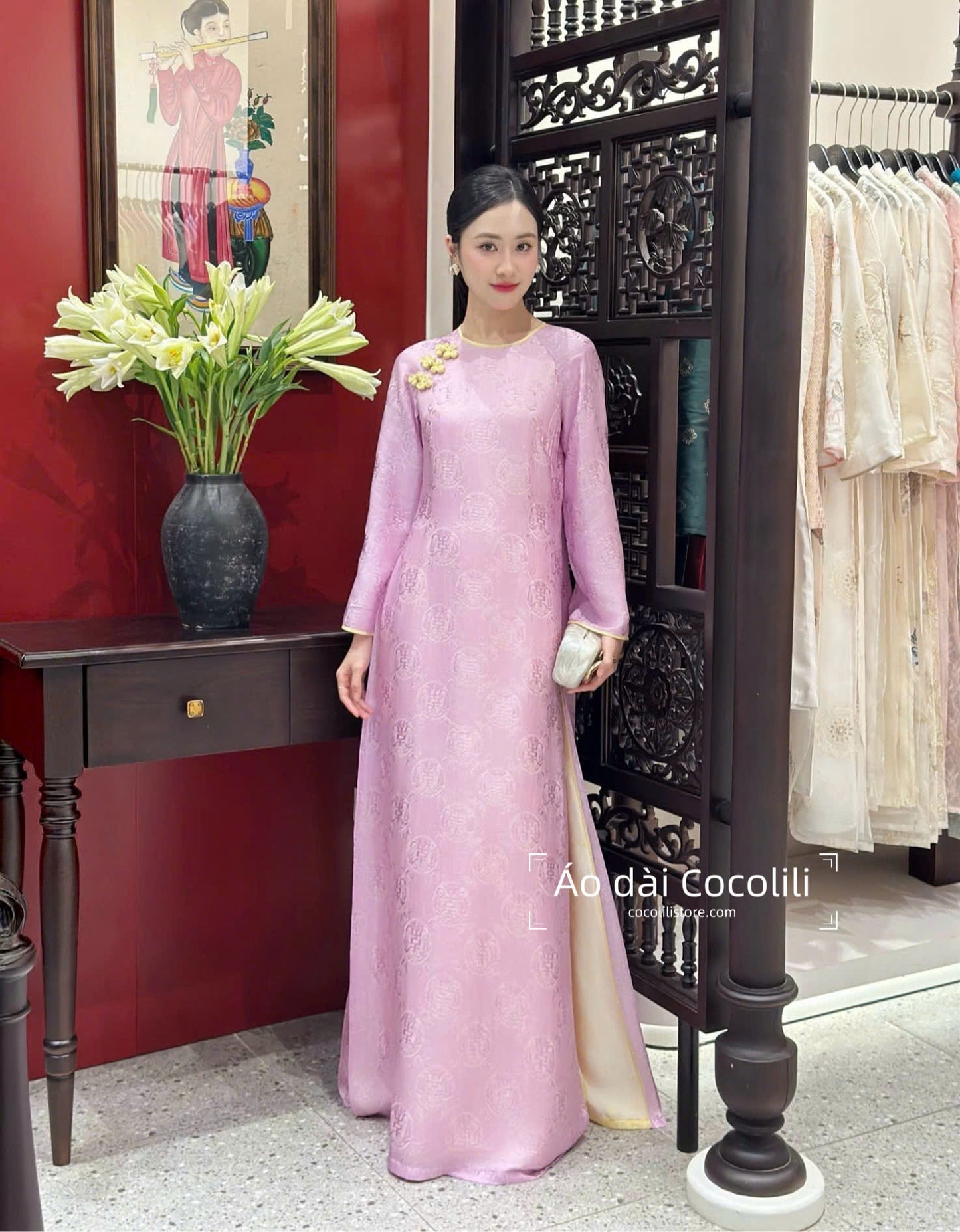 HD154 Áo + quần nha xá - Áo dài dáng suông 4 tà lụa nha xá màu hồng