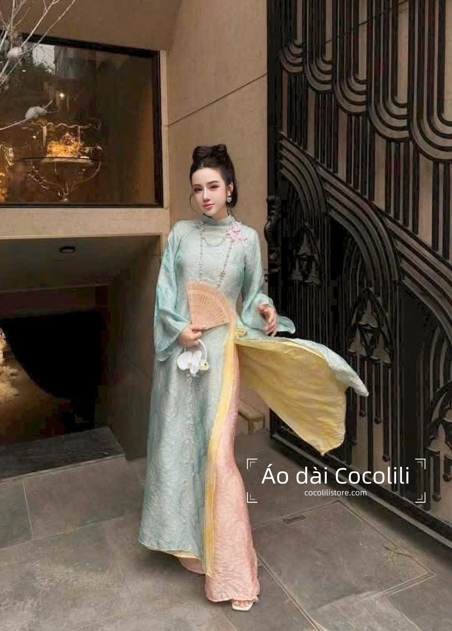 M525 3771 Áo + quần - Áo dài dáng suông 4 tà tằm tencel ánh kim