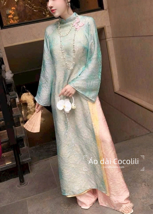 M525 3771 Áo + quần - Áo dài dáng suông 4 tà tằm tencel ánh kim