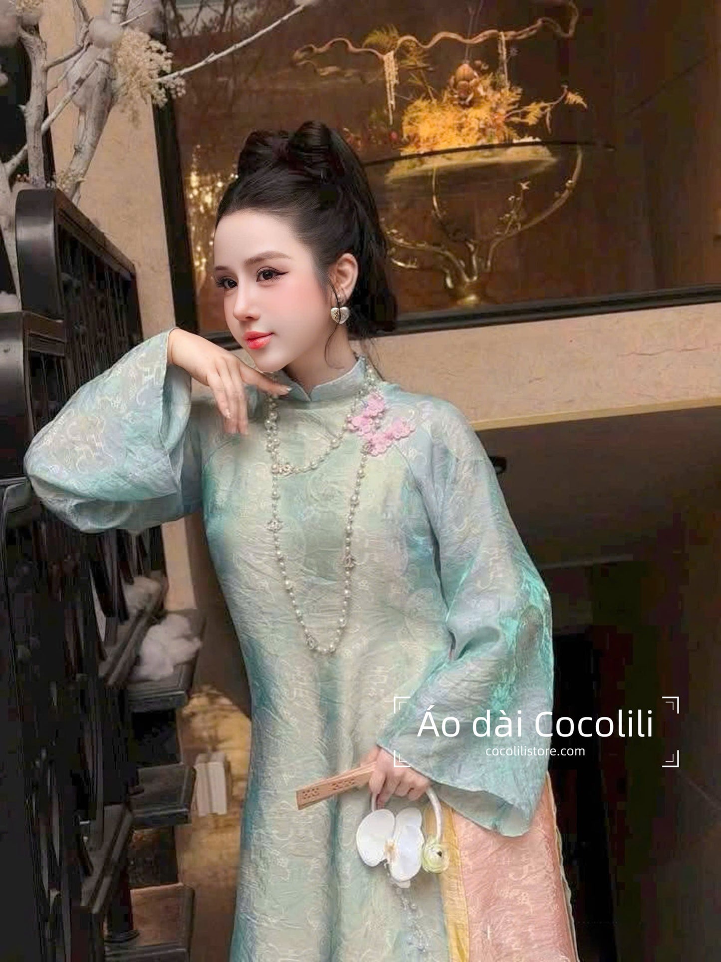 M525 3771 Áo + quần - Áo dài dáng suông 4 tà tằm tencel ánh kim