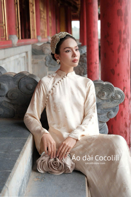 HD85 4385 Áo + quần nha xá - Áo dài dáng suông 2 tà lụa nha xá màu kem