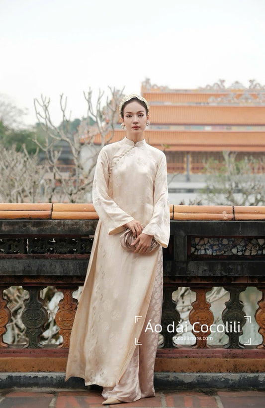 HD85 4385 Áo + quần nha xá - Áo dài dáng suông 2 tà lụa nha xá màu  kem