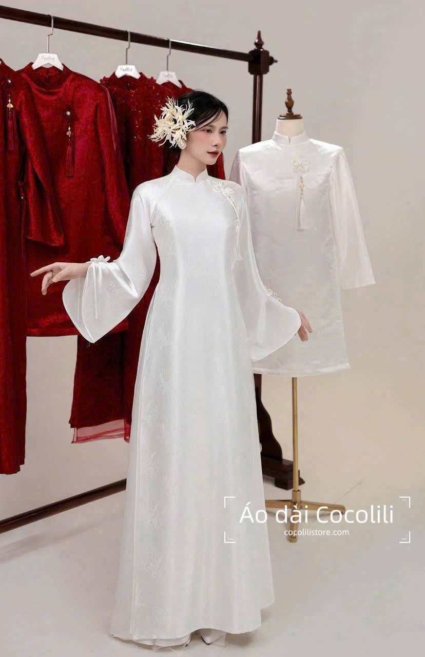 H631 3420 Áo only no pants - Áo dài dáng suông 4 tà màu trắng đính nơ