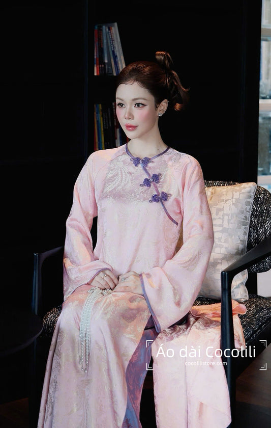 M520 Áo + quần cùng chất - Áo dài dáng suông 2 tà lụa óng màu hồng phấn