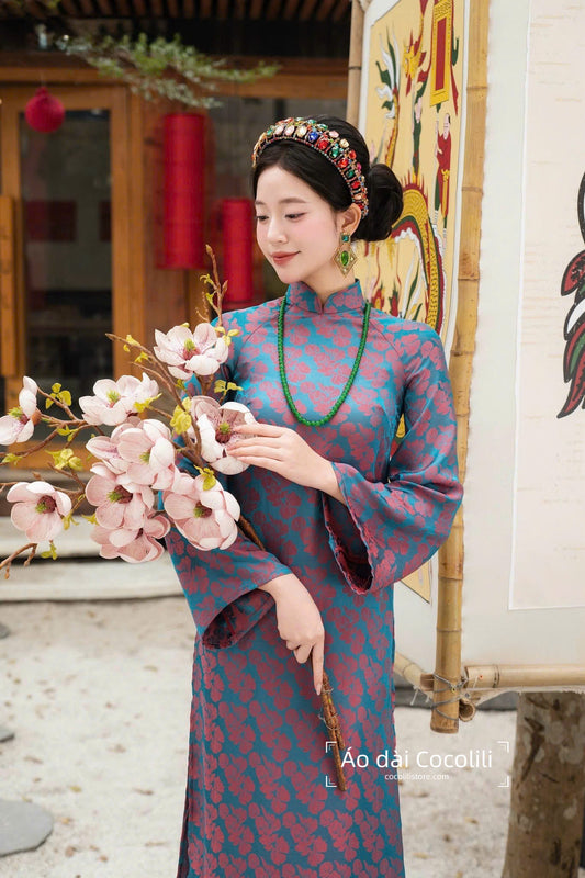 M530 Áo + quần lụa - Áo dài dáng suông 2 tà lụa gấm màu xanh coban ánh hồng